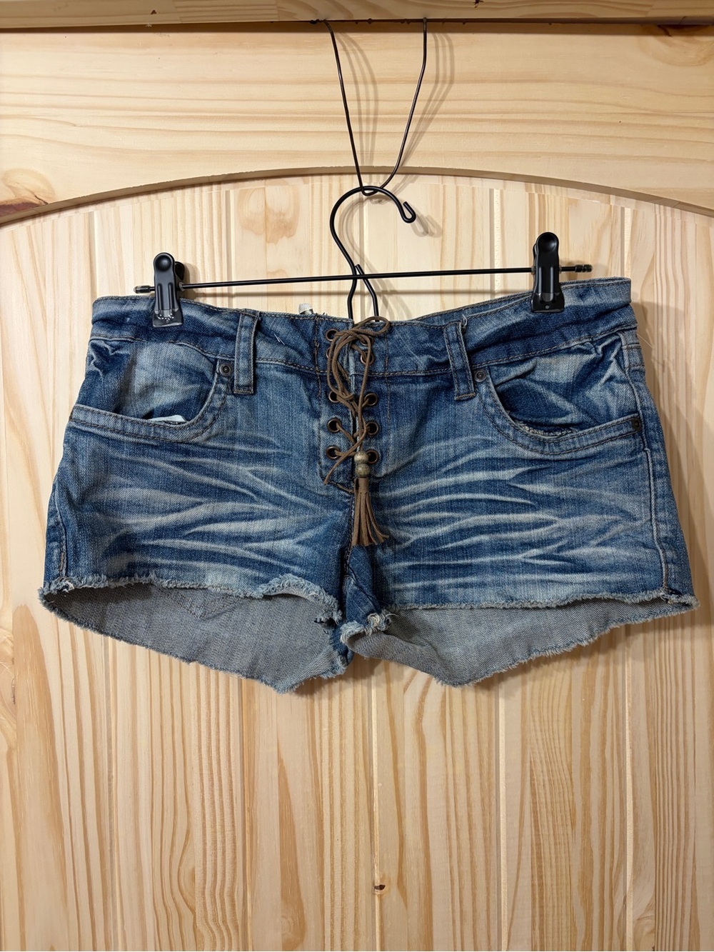 Vintage Y2K Dollhouse Lace-Up Denim Micro Shorts Whiskering Summer Festival BoHo